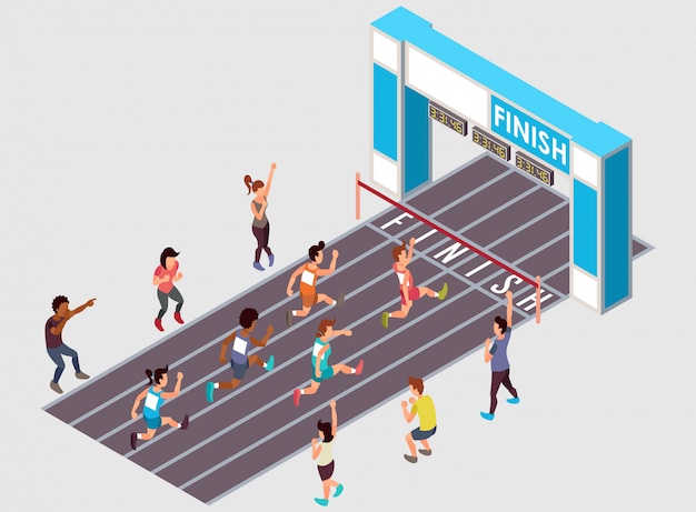 Vector a marathon running race with several across gender participants isometric illustration