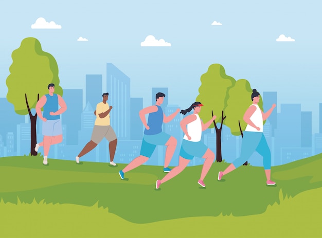 Marathonlopers voor jongeren die in het park rennen, vrouwen en mannen, wedstrijd- of marathonrace-poster, gezonde levensstijl en sport