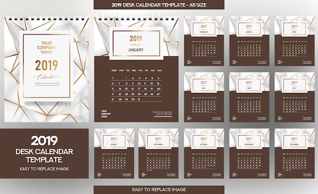 Vector marble desk calendar 2019 template