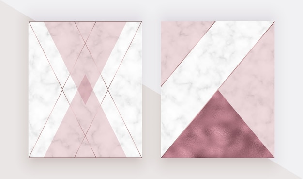 Copertina di design geometrico in marmo con trama triangolare rosa, foglia oro rosa, linee poligonali.