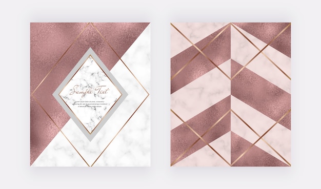 Marble geometric design with pink triangular, rose gold foil texture, polygonal lines.