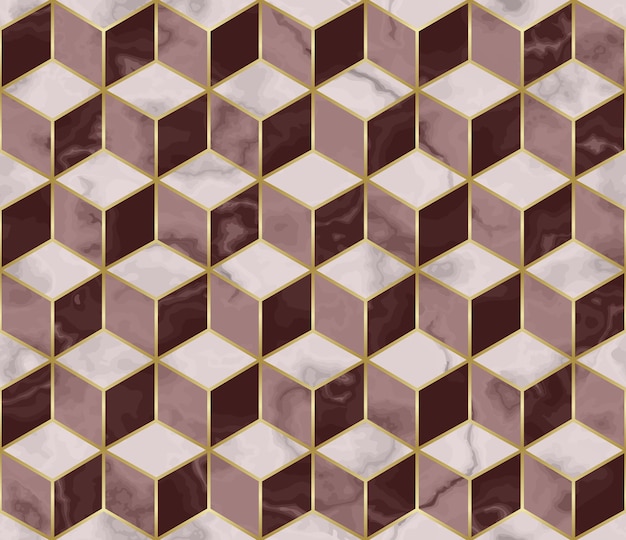 Marble mosaic seamless pattern with cube 3d effect and gold geometric decoration