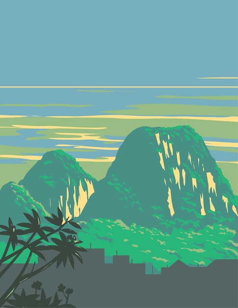 Montagne di marmo o montagne dei cinque elementi ngu hanh son district vietnam wpa art deco poster