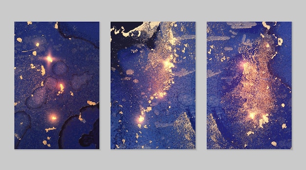 Marble set of denim blue and gold abstract backgrounds with glitter in alcohol ink technique