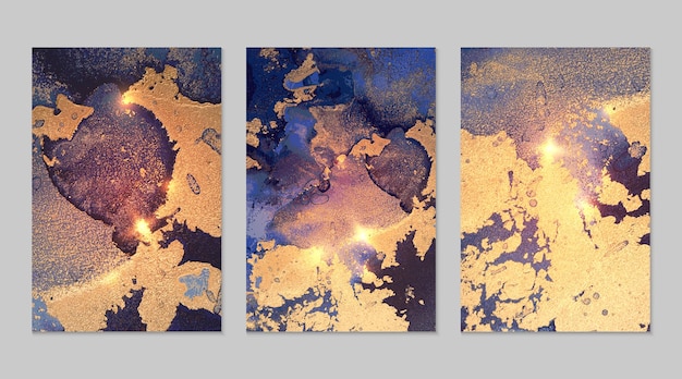 Marble set of denim blue and gold abstract backgrounds with glitter in alcohol ink technique