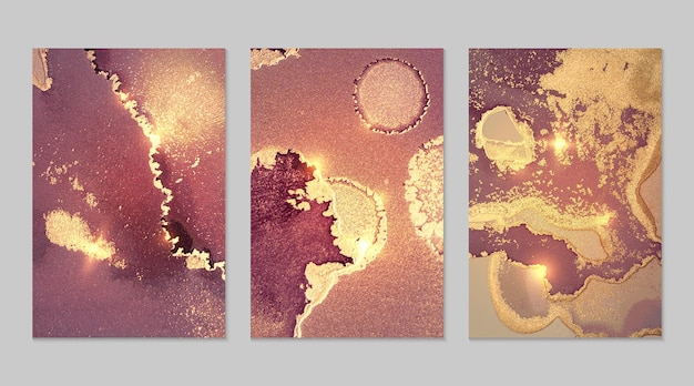 Marble set of mauve pink and gold abstract backgrounds with glitter in  alcohol ink technique