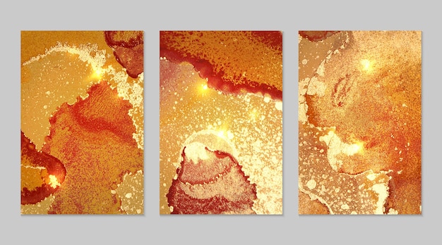 Marble set of orange, red and gold abstract backgrounds with glitter in alcohol ink technique