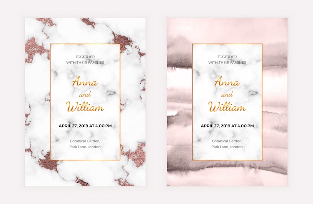 Мраморная свадебная пригласительная открытка с розовой золотой фольгой и акварельной текстурой.