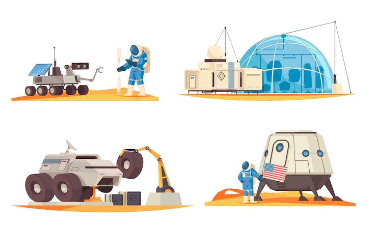 Vector marc colonization mission components 4 flat composition with planting flag astronaut spacecraft rover horticultural area vector illustration