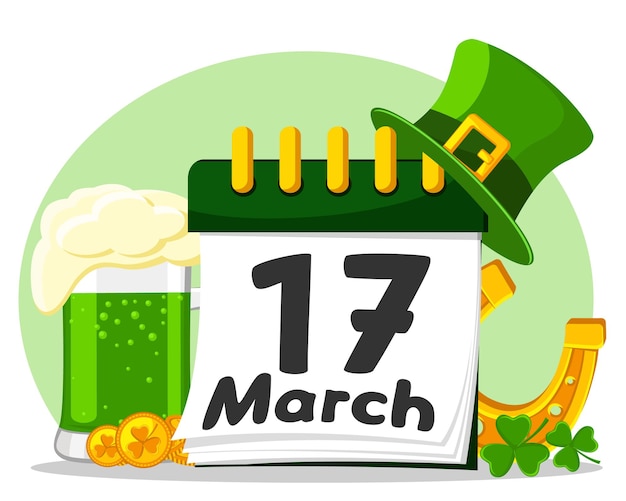 Vettore 17 marzo calendario con un bicchiere di birra verde, un ferro di cavallo e un cappello. festa di san patrizio.