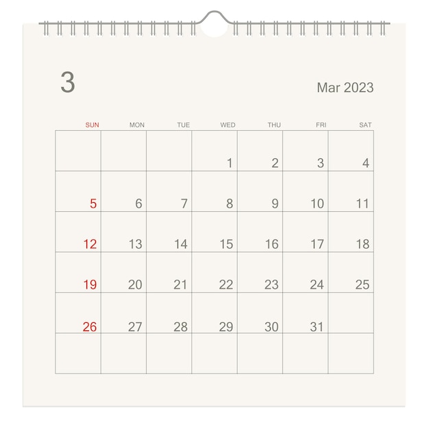 Вектор Страница календаря на март 2023 года на белом фоне фон календаря для напоминания о встрече и мероприятии по бизнес-планированию неделя начинается с воскресенья вектор