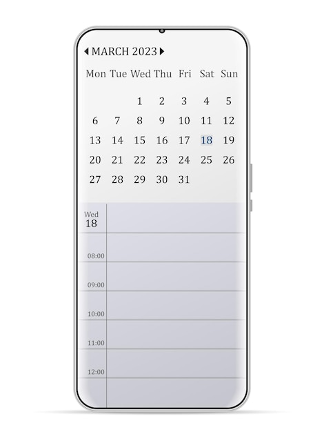 Смартфон с календарем на март 2023 года