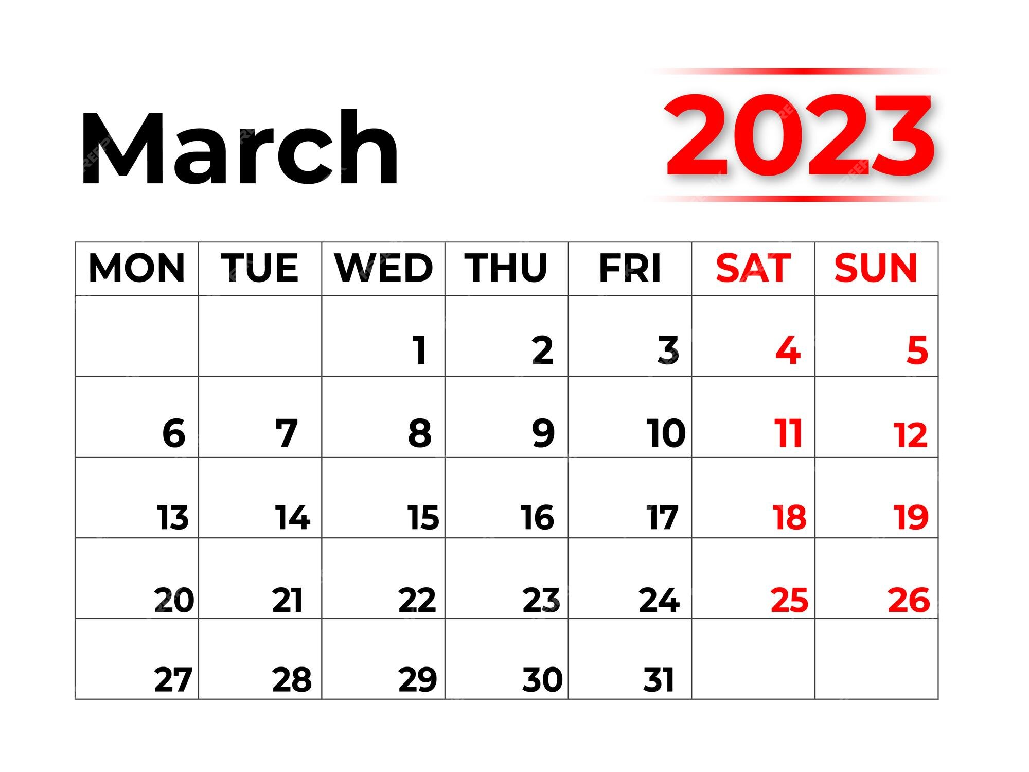 Premium Vector | March 2023 Monthly Calendar With Very Clean Look, Week  Starts From Monday With Red And Black