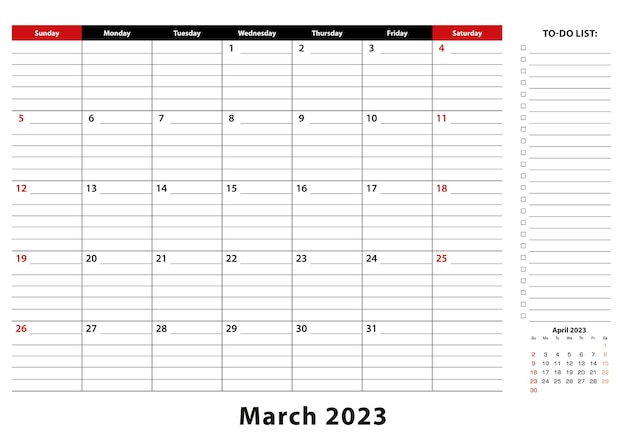 Vector march 2023 monthly desk pad calendar week starts from sunday size a3