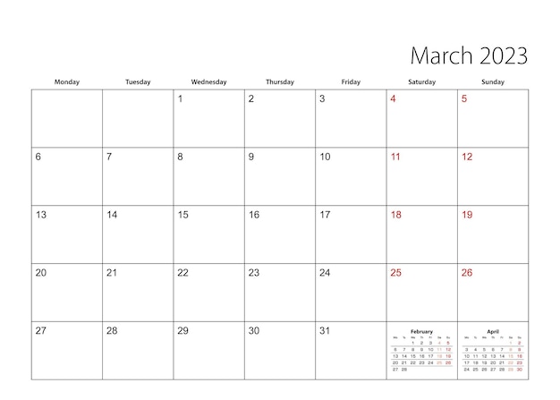 Vector march 2023 simple calendar planner week starts from monday