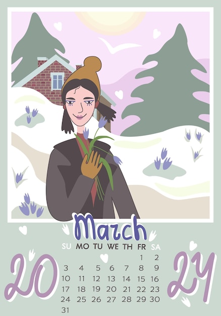 March 2024. Calendar A4, A3. Week starts on Sunday, vector illustration with cute little girl