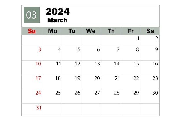 2024년 3월 달력입니다. 다이어리 캘린더. 일일 플래너. 벡터 일러스트 레이 션.