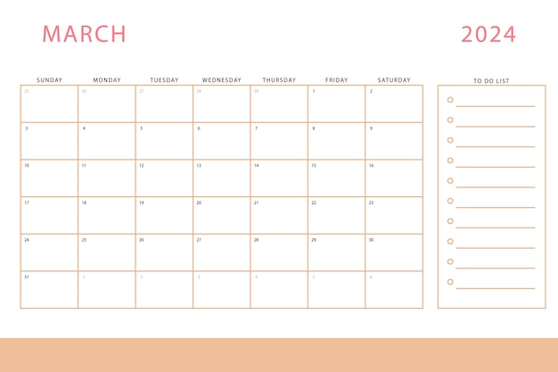 March 2024 calendar Monthly planner template Vector design