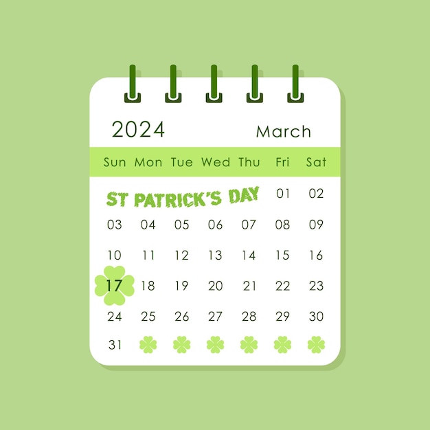 Vettore pagina del calendario di marzo 2024 con illustrazione vettoriale della data della celebrazione del giorno di san patrizio