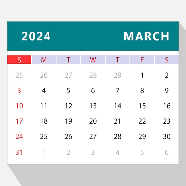 Premium Vector March 2024 calendar template vector design