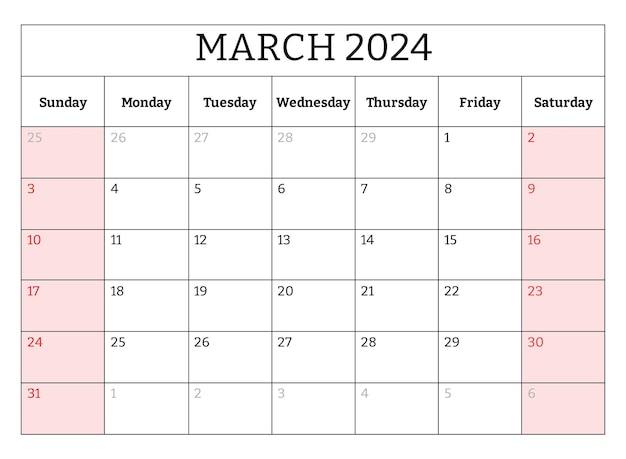Vettore marzo 2024 calendario mensile in inglese illustrazione vettoriale stampabile pianificazione mensile per i vostri eventi
