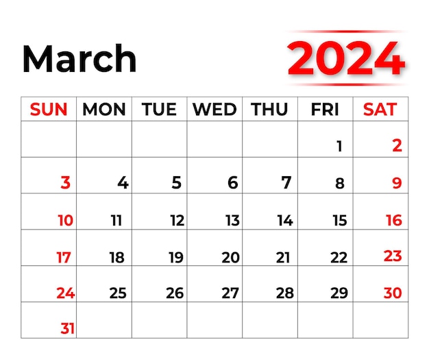 2024년 3월, 월간 달력, 한 주는 일요일부터 시작됩니다.