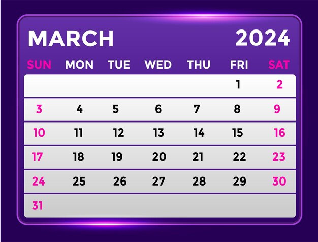 Calendario mensile moderno di marzo 2024 con bagliore brillante in tonalità viola