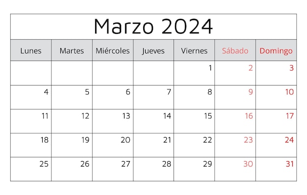 March 2024 SPANISH calendar Marzo Vector illustration Monthly planning for business in Spain