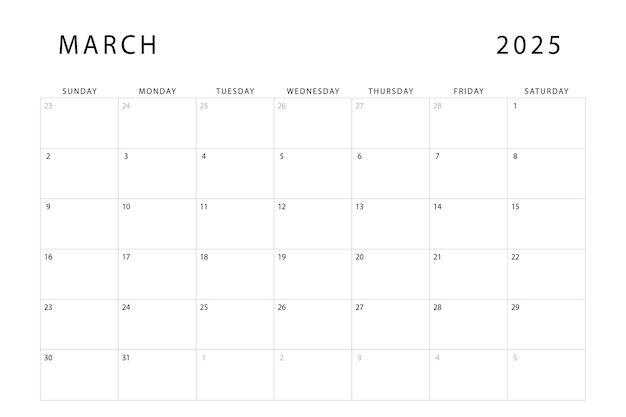 2025 年 3 月のカレンダー毎月のプランナーのテンプレート日曜日の開始ベクトルデザイン