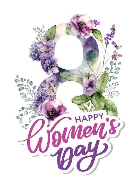 Vector march 8 happy women's day greeting card watercolor flowers lettering greeting card vector illustration