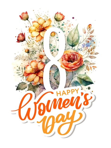 Vettore 8 marzo happy womens day acquerello fiori lettering biglietto di auguri illustrazione vettoriale