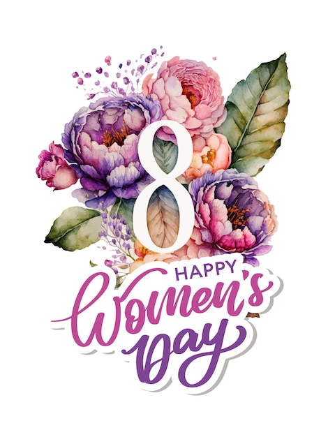 March 8 Happy womens day watercolor flowers lettering greeting card Vector illustration