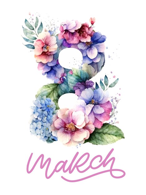 March 8 Happy womens day watercolor flowers lettering greeting card Vector illustration