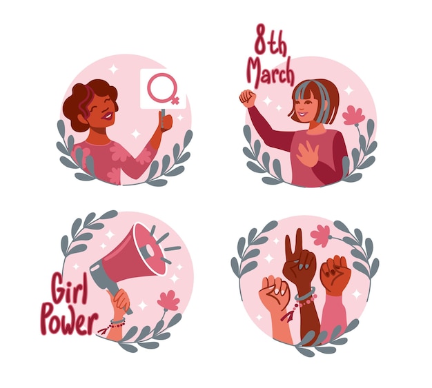 3월 8일, 세계 여성의 날. 자신의 권리를 옹호하는 여성의 삽화. 벡터.