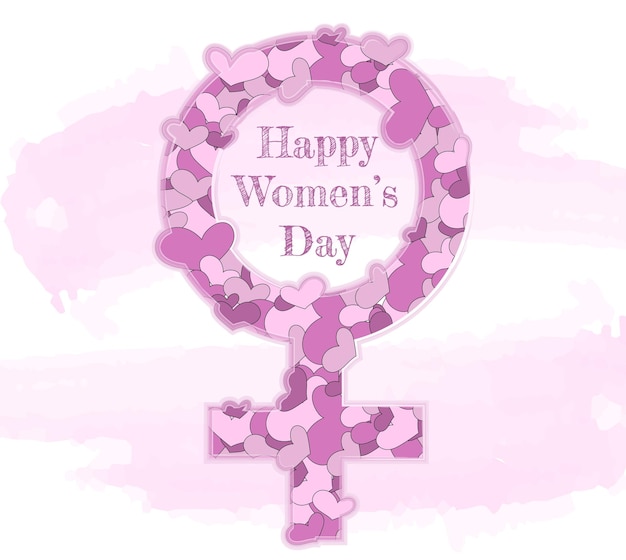 8 marzo. il segno di venere è composto da cuori e dalla scritta happy women's day