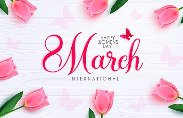 3월 8일 여성의 날 벡터 배경 디자인 핑크 튤립이 있는 행복한 여성의 날 타이포그래피 텍스트