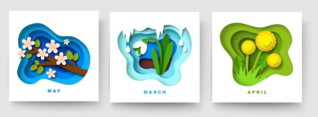 March april and may spring month floral composition set vector paper cut illustration spring card ca...