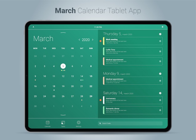 Interfaccia dell'app tablet calendario di marzo