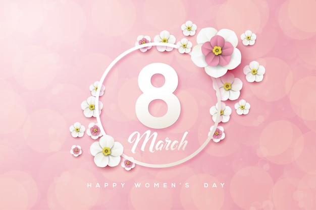March eight background with white numbers and three dimensional flowers