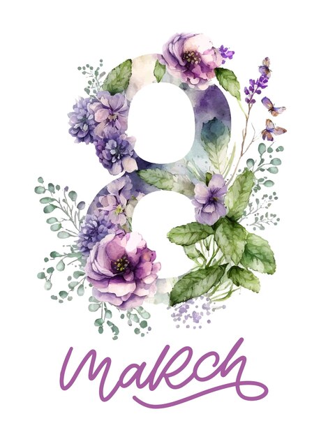 March  happy womens day greeting card watercolor flowers lettering greeting card vector illustration