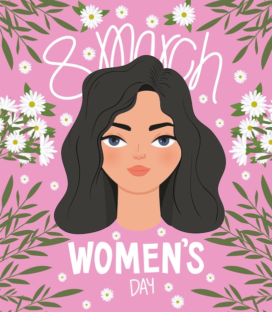 March women day lettering and cute woman with black hair  illustration