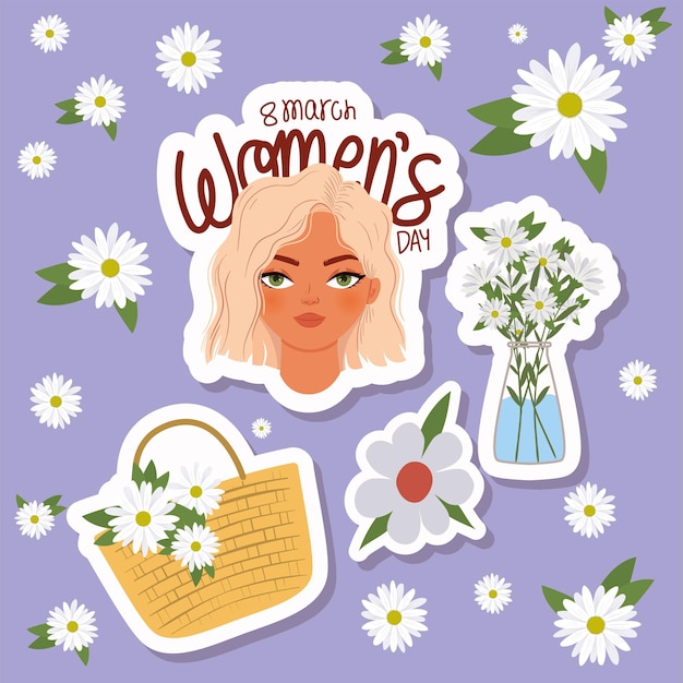 Marzo festa delle donne scritte, donna con i capelli biondi e cesto con illustrazione di fiori bianchi