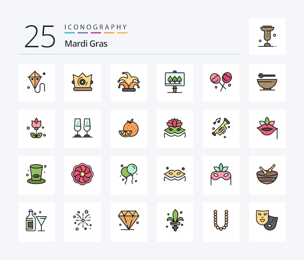 Mardi gras 25 line filled icon pack including mardi gras food board bowl confectionery