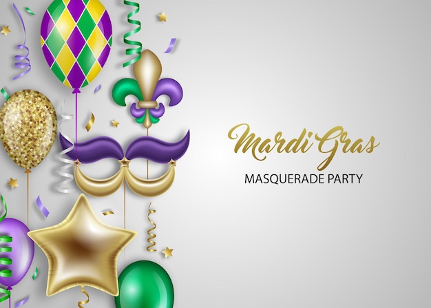 Mardi gras background with colorful balloons streamers and coriandoli