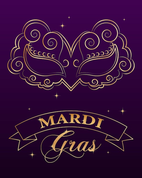 Mardi Gras banner, golden luxury carnival mask and text on star background. Poster, flyer, vector