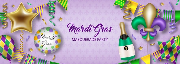 Mardi gras banner with colorful balloons, pennants and confetti