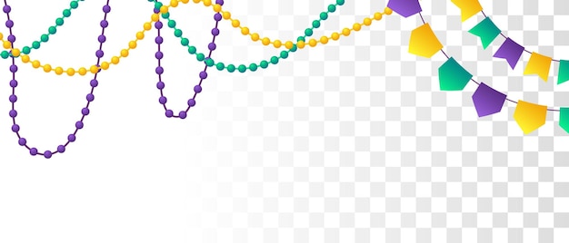 mardi gras beads and bunting flags isolated on transparent background