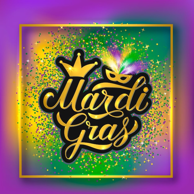 Mardi Gras calligraphy hand lettering with shiny gold frame and confetti on colorful gradient background Traditional carnival New Orleans Vector template for banner flyer party invitation