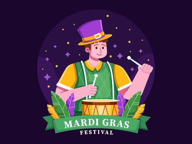 Mardi Gras Carnaval Illustratie met mensen die een trommel spelen. Mensen die plezier hebben met carnaval