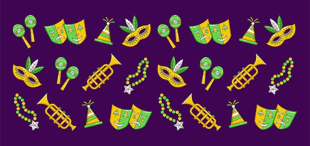 Mardi Gras Carnaval Masker trompet ketting maracas en feestmuts icoon patroon